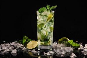 Mojito cocktail with lime and mint on black background photo