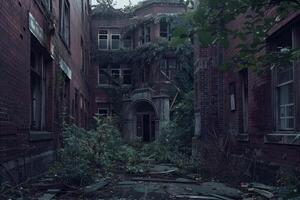 The abandoned building is surrounded by trees and bushes photo