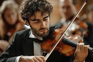 A man in a tuxedo playing the violin photo