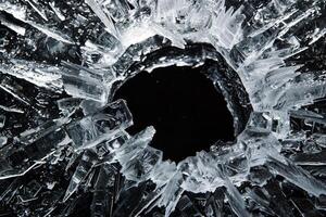 A bullet hole in a window with a black background photo