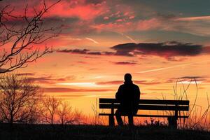 A person sitting on a bench at sunset photo
