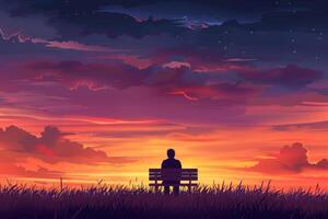 Man sitting on bench at sunset with clouds in the background photo