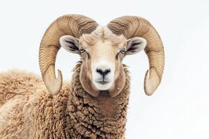 A ram with large horns standing in front of a white background photo