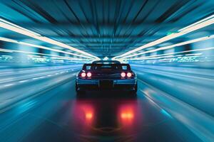 A car driving through a tunnel with light trails photo