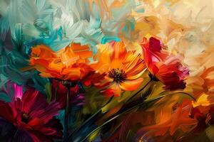 A painting of a field of flowers with a bright orange color photo