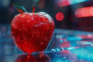 A red apple with a green leaf on top is displayed on a blue background photo