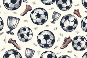 A seamless pattern with soccer balls and other items photo