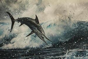 A large shark is leaping out of the water, surrounded by a spray of water photo