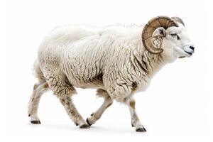 A ram is walking on a white background photo