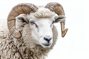 A ram with long horns standing in front of a white background photo