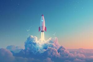 A rocket is flying into the sky with clouds photo