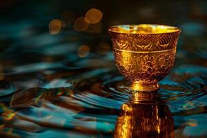 Golden cup in water with bokeh background photo