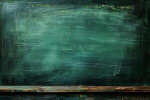 A green chalkboard with a wooden table in front of it photo