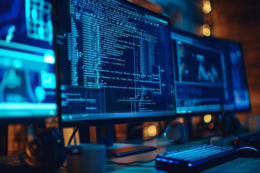 Three computer monitors with code on them photo
