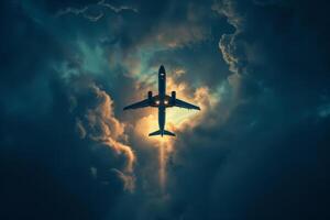 An airplane flying through the clouds with a bright sun photo