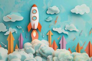 An illustration of a rocket flying through the clouds photo