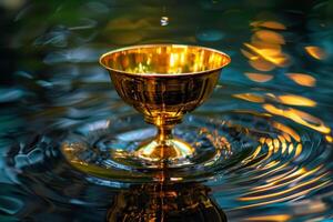 Golden goblet in water with water droplets photo