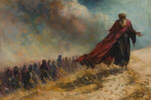 A painting of a man walking in the desert with a red cloak photo