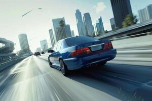 A blue car driving on a highway with city buildings in the background photo