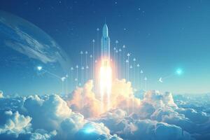 A rocket is flying through the sky with clouds photo