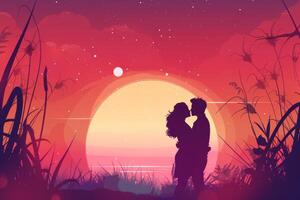 Silhouette of a couple kissing in front of a sunset photo