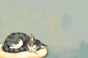 A drawing of a cat curled up on a pillow photo