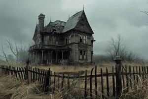 An old abandoned house in the middle of a field photo