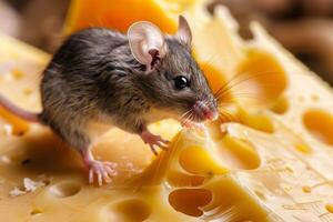 A mouse is standing on top of a piece of cheese photo