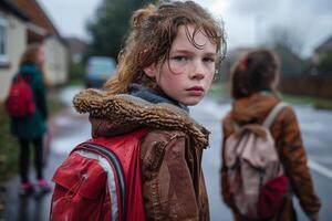 A young girl with a backpack standing in the rain photo