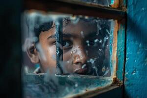 A boy looks out a window with water on the glass photo