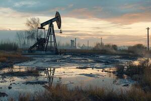 A field with a pump and a few trees photo