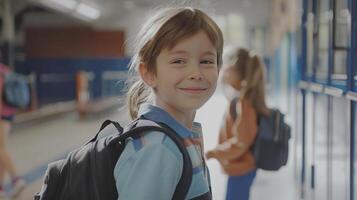 A young girl is smiling while holding a backpack photo