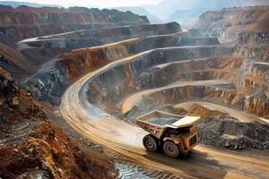 A massive haul truck navigates the winding paths of a large open-pit mine, revealing various layers of soil and minerals under clear skies during daytime photo
