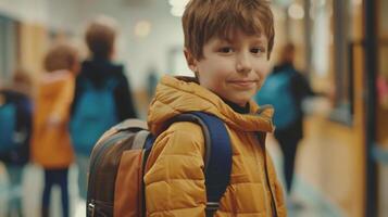 A young boy with a backpack standing in a hallway photo