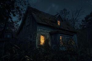 A creepy old house with a window lit up photo