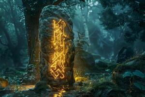 A glowing stone with a mysterious symbol on it sits in a forest photo