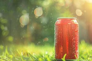 A can of soda is sitting on the grass with condensation on the outside photo