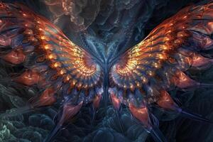 The artwork features a stunning array of colorful butterfly wings radiating outwards, set against a rich, dark backdrop filled with swirling textures and details photo