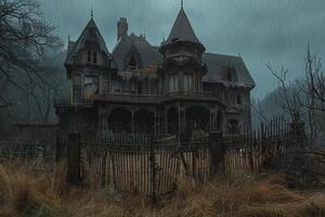 An eerie Victorian-style mansion stands ominously in the gloom, shrouded by fog with dark skies and rain, while wild grass encroaches on its neglected, rusty fence photo