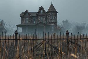 An eerie Victorian house stands abandoned, shrouded in thick fog, surrounded by tall grass and a rustic fence. The atmosphere suggests an unsettling mystery in a forgotten area photo