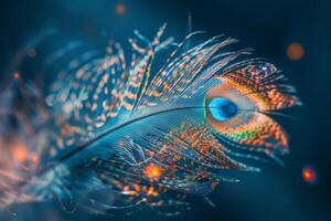 This captivating peacock feather displays rich colors and delicate patterns, beautifully highlighted against a dark blue backdrop, emphasizing its natural elegance and detail photo