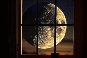 View of a full moon shining brightly through a window at night. The moon craters are highlighted against a backdrop of twinkling stars, creating a serene atmosphere photo