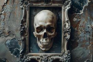A skull is displayed in a frame on a wall photo