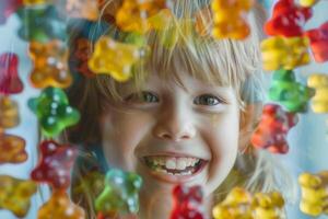 A young child with blonde hair beams with delight while looking through a vibrant array of gummy bears. The playful atmosphere brings joy and innocence photo