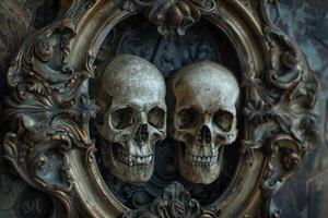 Two skulls are displayed in a frame, one on the left and one on the right photo