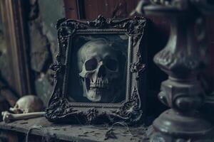 A skull is displayed in a frame on a table photo