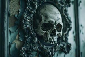 A skull is displayed in a frame with a green background photo