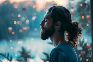 A man with a beard and long hair is sitting in a room with a view of a lake photo