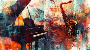 An abstract painting of a saxophone and piano photo