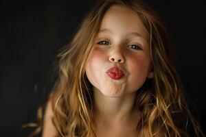 A young girl with long brown hair is kissing her own lips photo